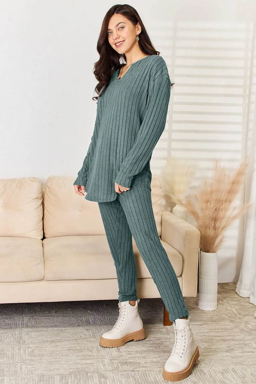 Basic Bae Full Size Notched Long Sleeve Top and Pants Set - Rosa Apparel