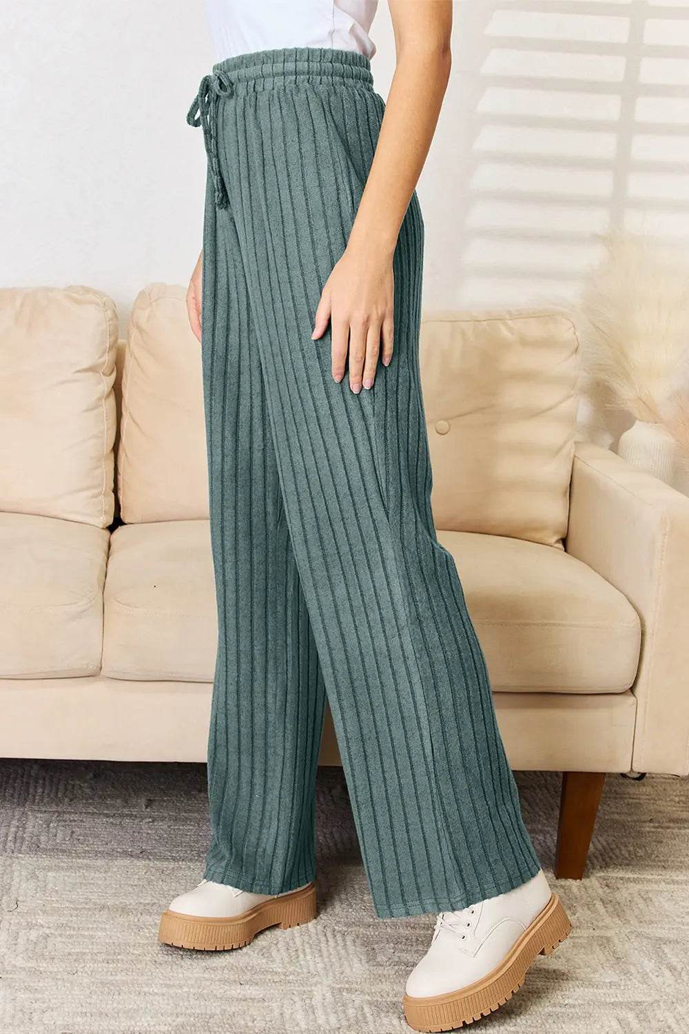 Basic Bae Full Size Ribbed Drawstring Hood Top and Straight Pants Set - Rosa Apparel
