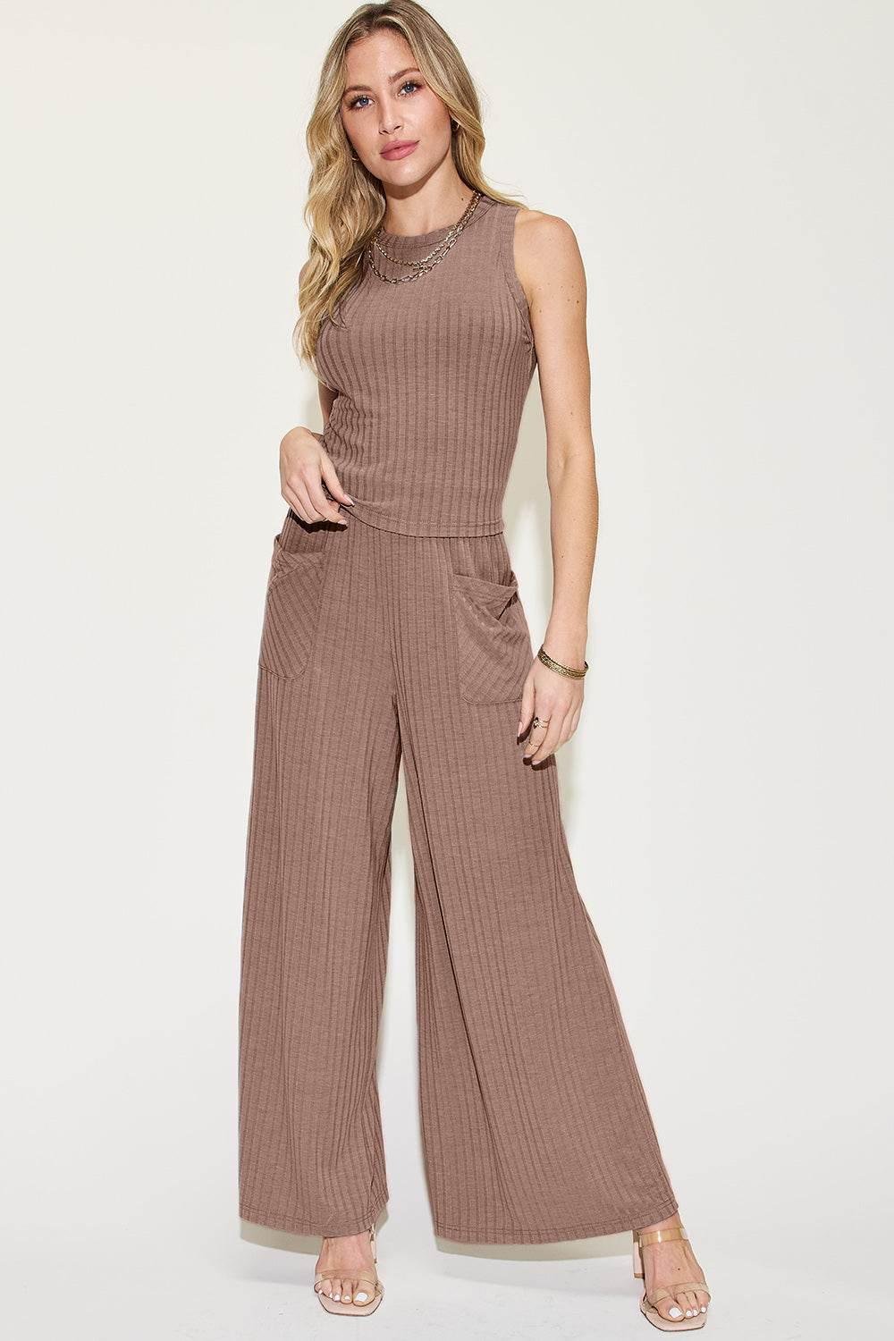 Basic Bae Full Size Ribbed Tank and Wide Leg Pants Set - Rosa Apparel