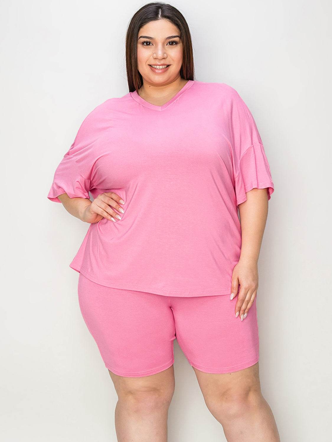 Basic Bae Full Size V-Neck Drop Shoulder Short Sleeves T-Shirt and Shorts Set - Rosa Apparel