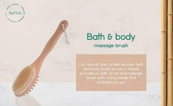 BeNat Natural Boar Bristle Wooden Bath & Body Brush with Long Handle. Eco-Friendly. 13.7in Long. - Rosa Apparel