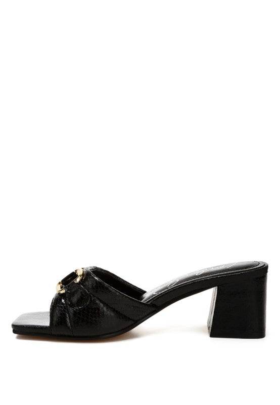 Bellamy Horsebit Detail Snake Print Sandals – Women’s Low Block Heel Sandals by Rosa Apparel - Rosa Apparel