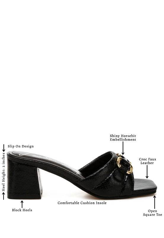 Bellamy Horsebit Detail Snake Print Sandals – Women’s Low Block Heel Sandals by Rosa Apparel - Rosa Apparel