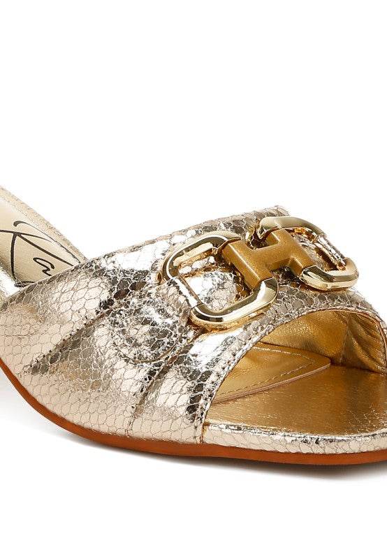 Bellamy Horsebit Detail Snake Print Sandals – Women’s Low Block Heel Sandals by Rosa Apparel - Rosa Apparel