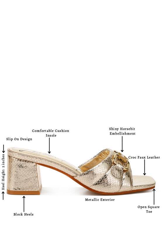 Bellamy Horsebit Detail Snake Print Sandals – Women’s Low Block Heel Sandals by Rosa Apparel - Rosa Apparel