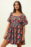 BiBi Floral Print Puff Square Neck Dress - Rosa Apparel