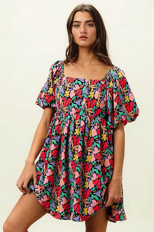 BiBi Floral Print Puff Square Neck Dress - Rosa Apparel