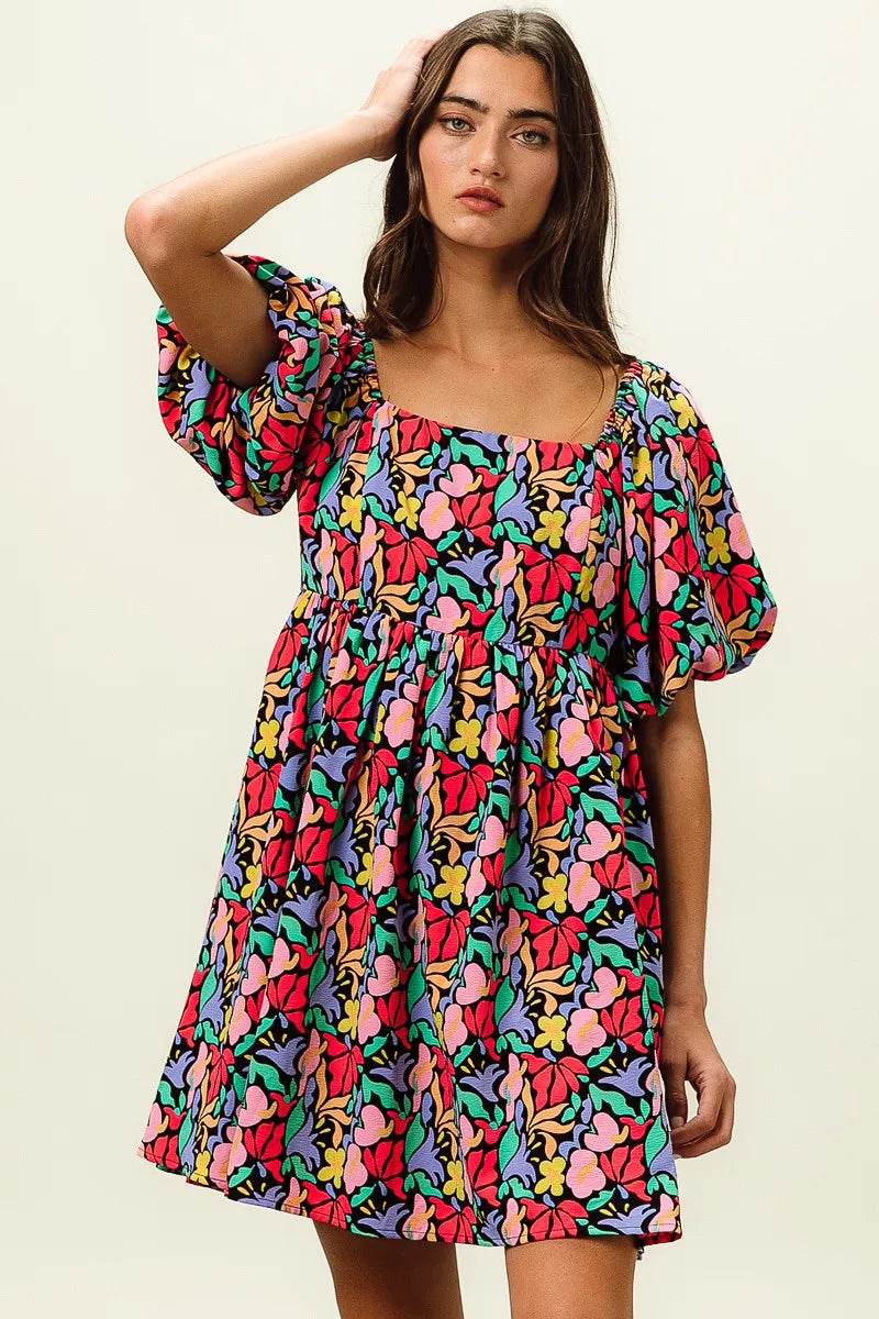 BiBi Floral Print Puff Square Neck Dress - Rosa Apparel