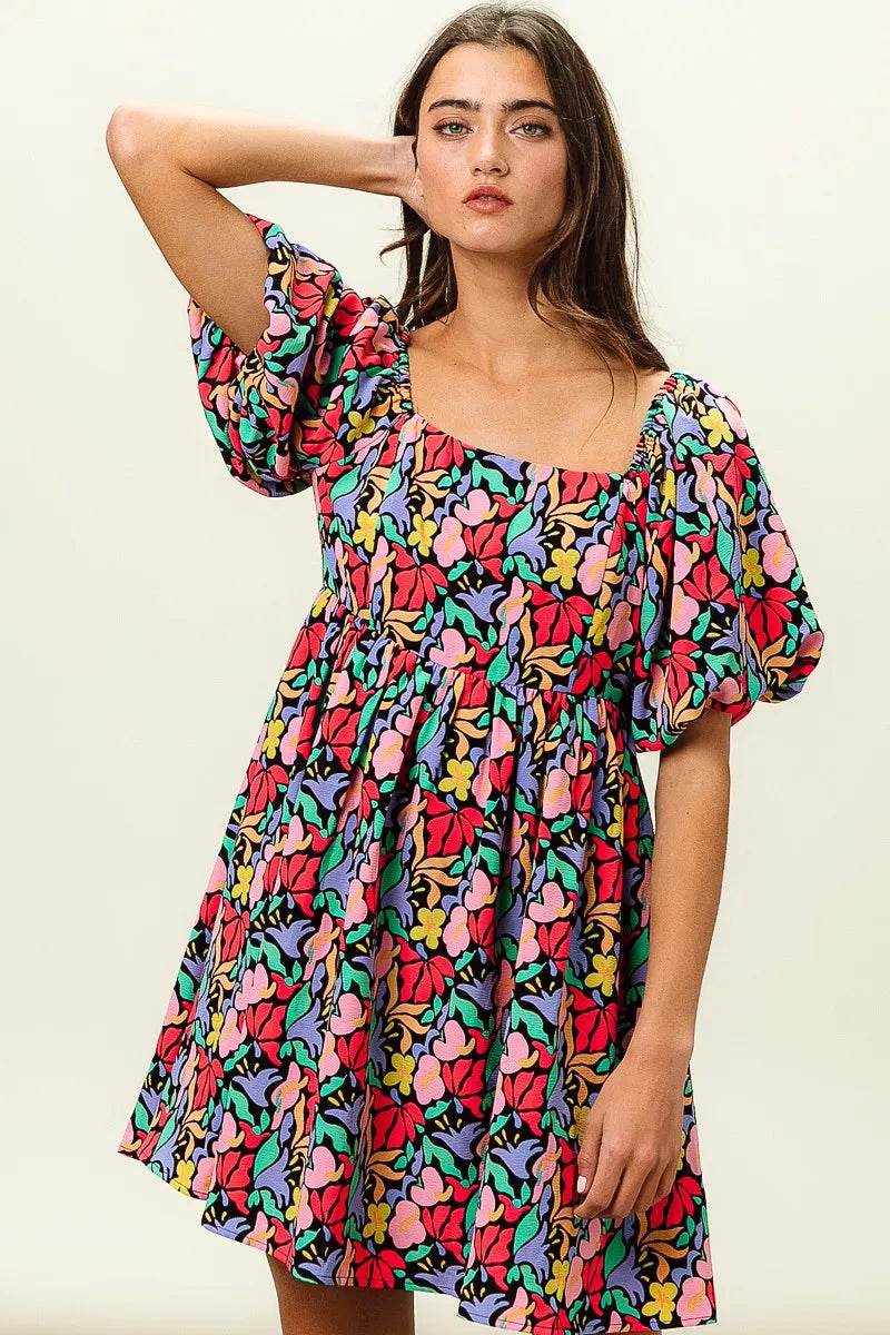 BiBi Floral Print Puff Square Neck Dress - Rosa Apparel