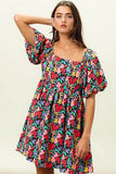 BiBi Floral Print Puff Square Neck Dress - Rosa Apparel