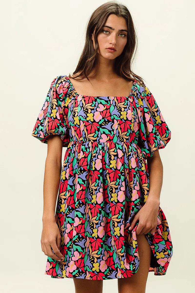 BiBi Floral Print Puff Square Neck Dress - Rosa Apparel