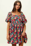 BiBi Floral Print Puff Square Neck Dress - Rosa Apparel