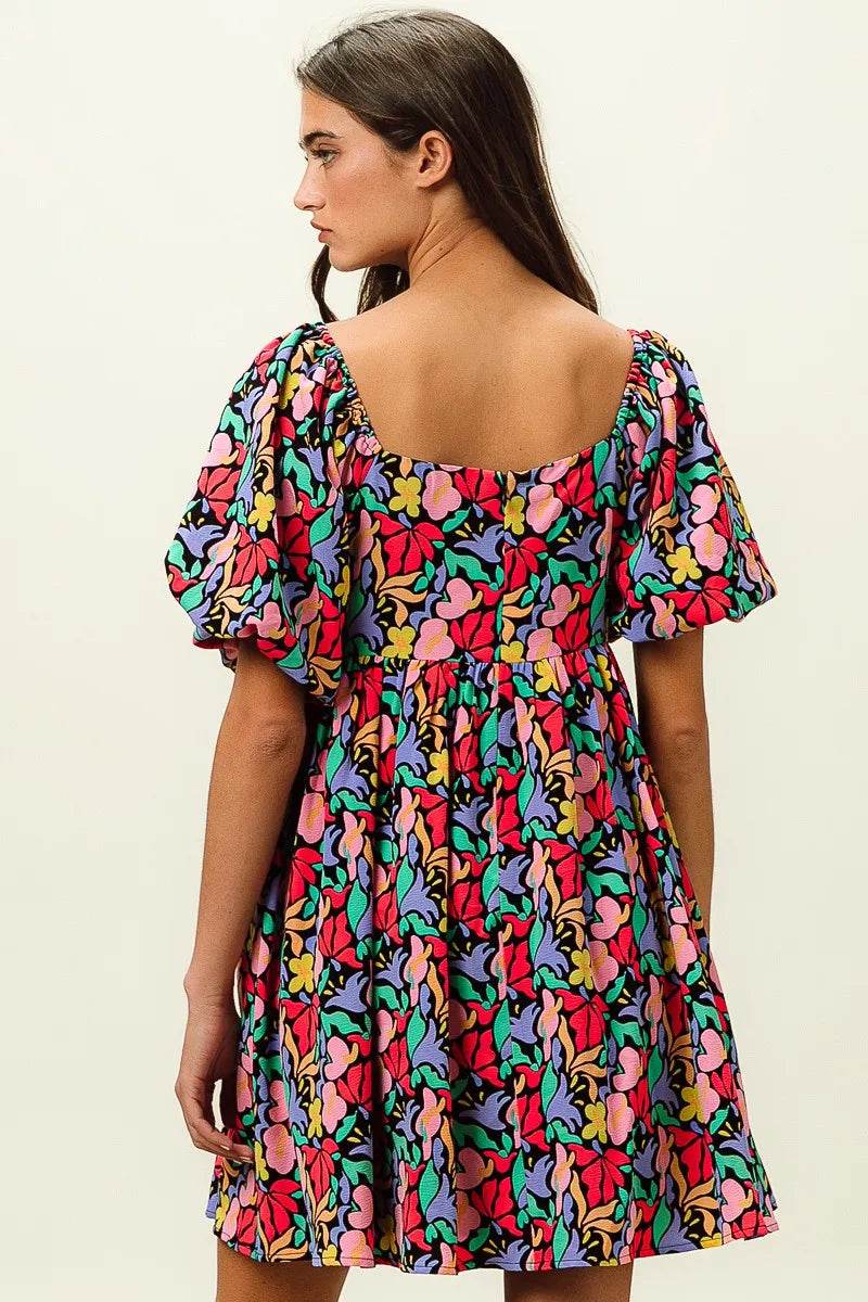 BiBi Floral Print Puff Square Neck Dress - Rosa Apparel