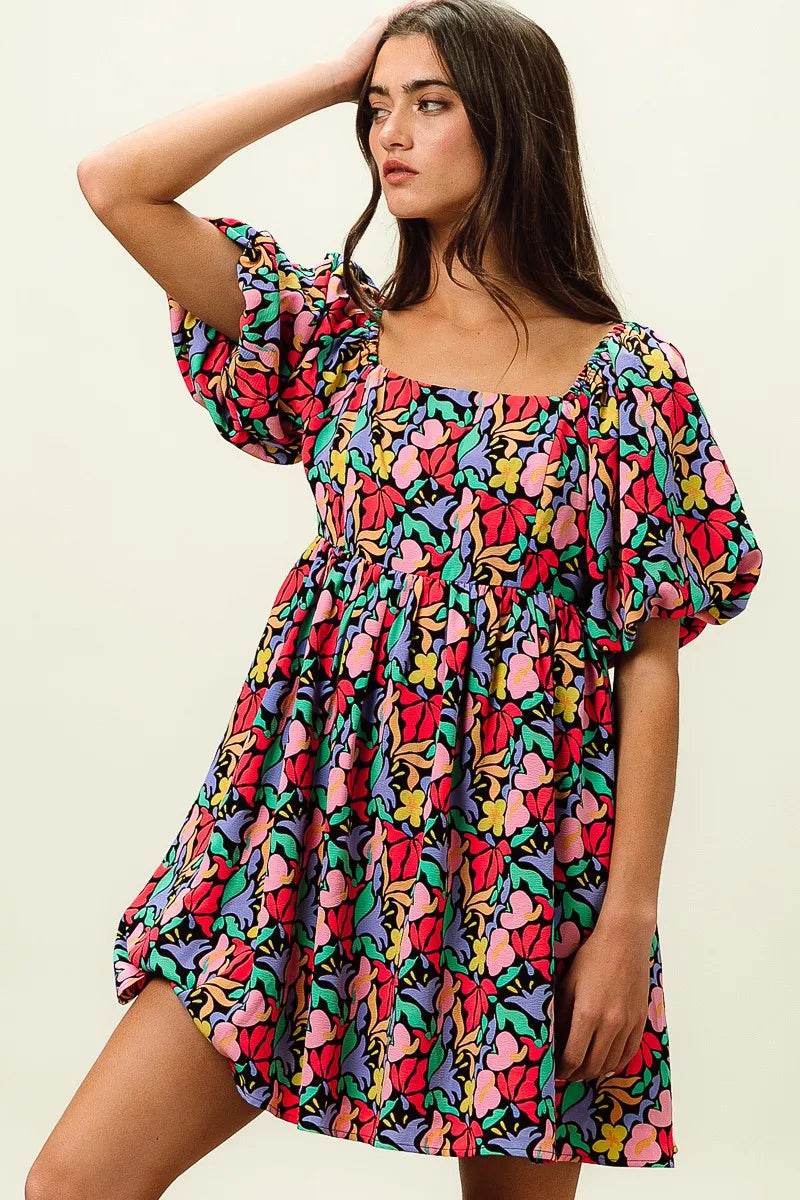 BiBi Floral Print Puff Square Neck Dress - Rosa Apparel