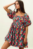 BiBi Floral Print Puff Square Neck Dress - Rosa Apparel