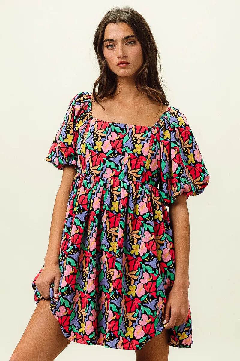 BiBi Floral Print Puff Square Neck Dress - Rosa Apparel