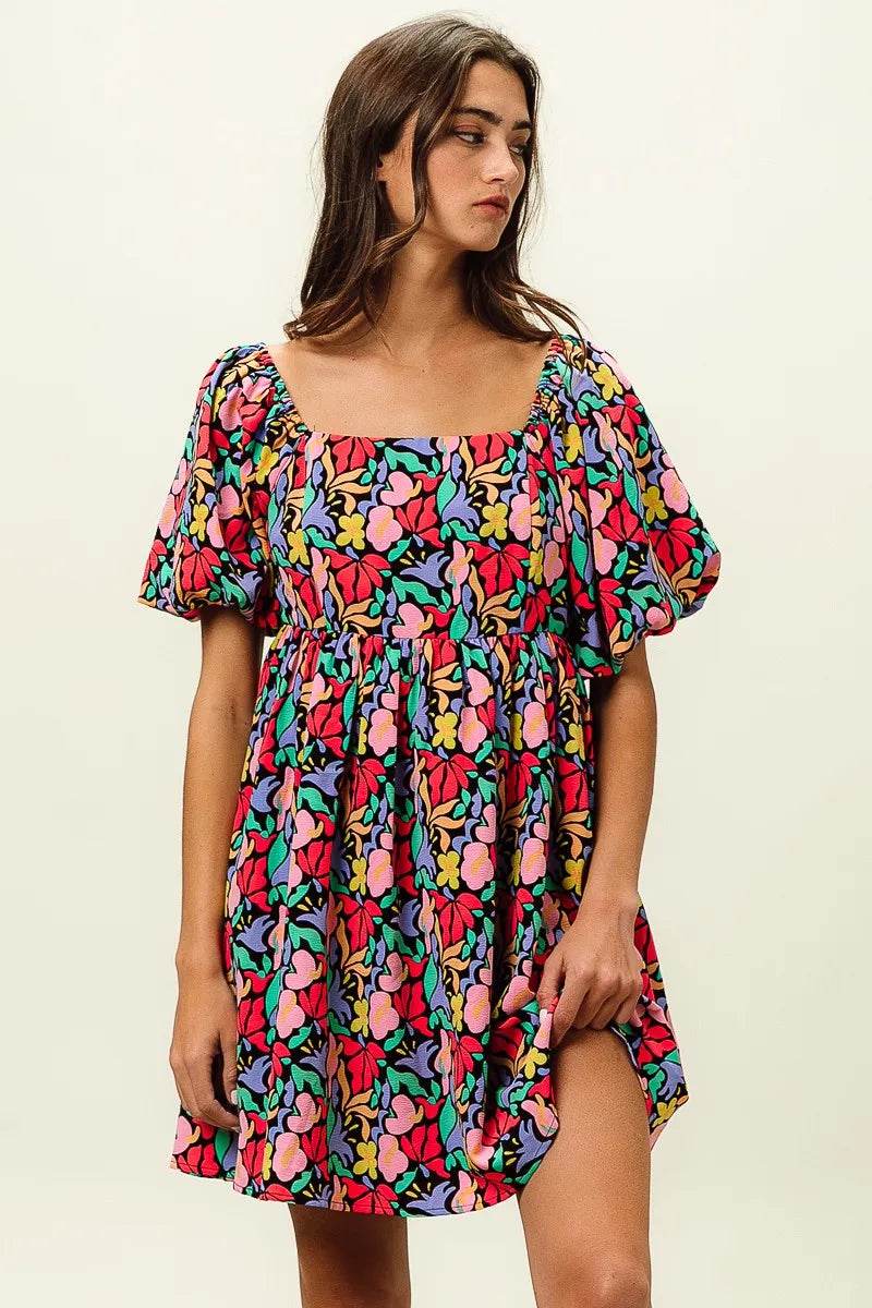 BiBi Floral Print Puff Square Neck Dress - Rosa Apparel