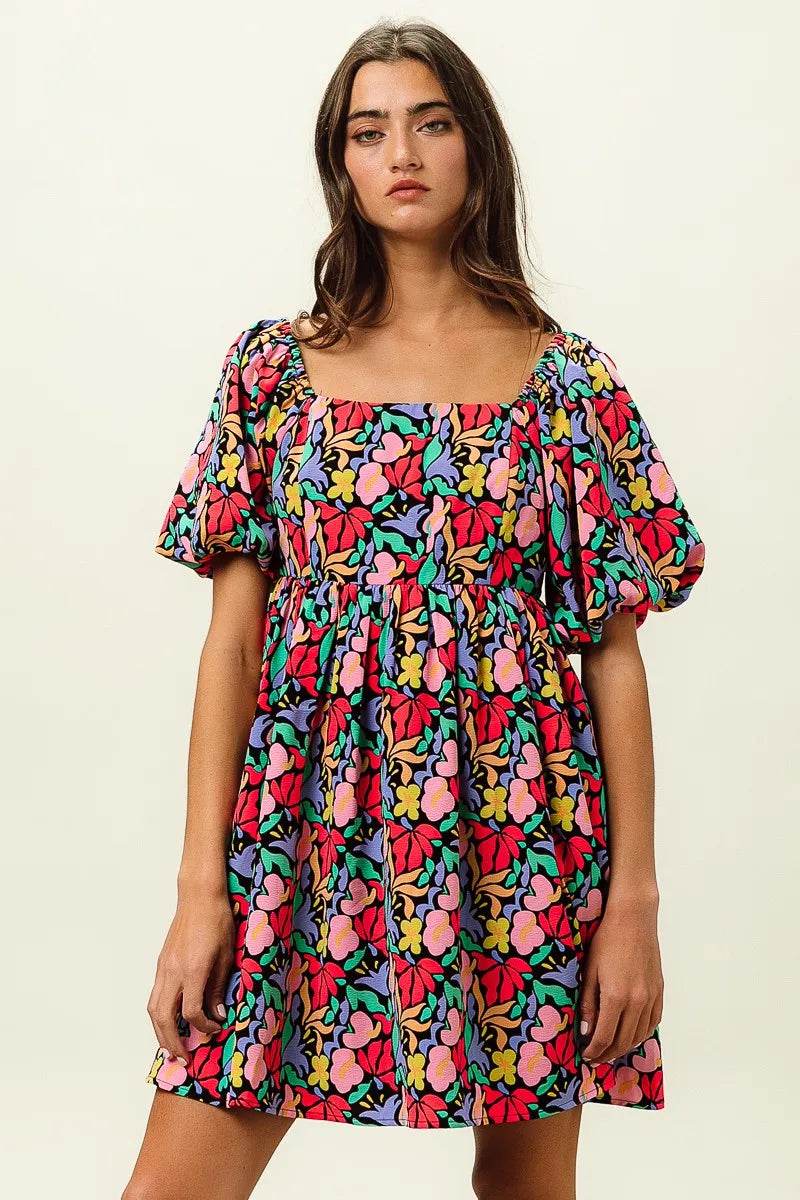 BiBi Floral Print Puff Square Neck Dress - Rosa Apparel