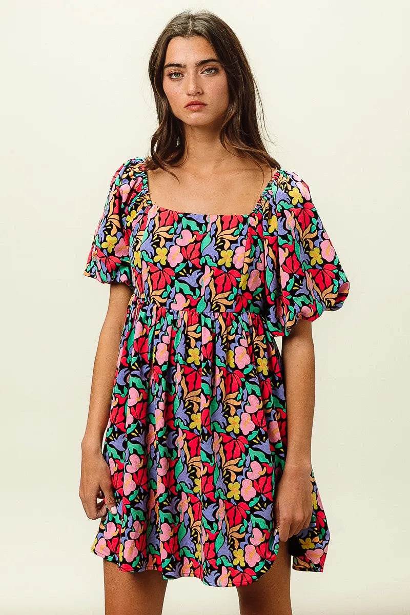 BiBi Floral Print Puff Square Neck Dress - Rosa Apparel