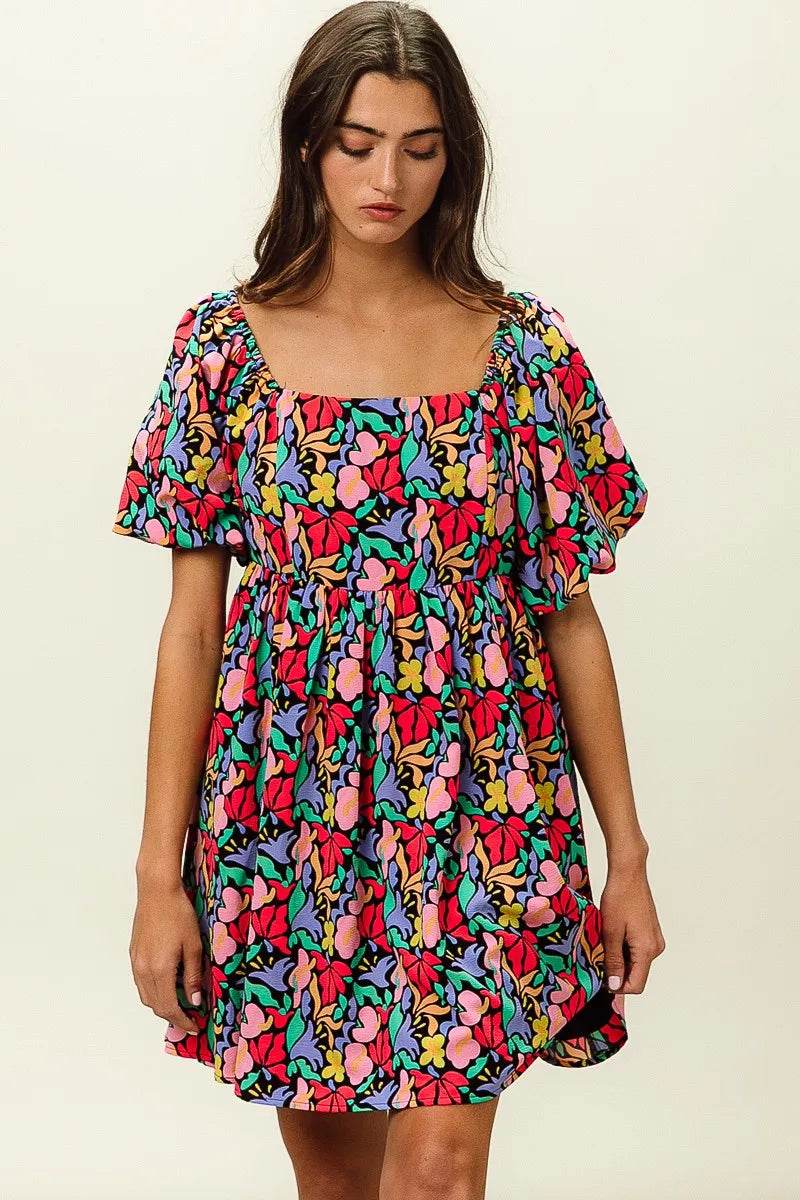 BiBi Floral Print Puff Square Neck Dress - Rosa Apparel