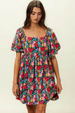BiBi Floral Print Puff Square Neck Dress - Rosa Apparel