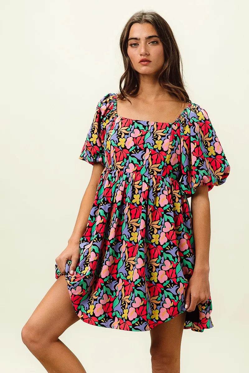 BiBi Floral Print Puff Square Neck Dress - Rosa Apparel