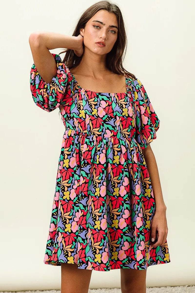 BiBi Floral Print Puff Square Neck Dress - Rosa Apparel