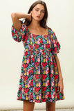 BiBi Floral Print Puff Square Neck Dress - Rosa Apparel