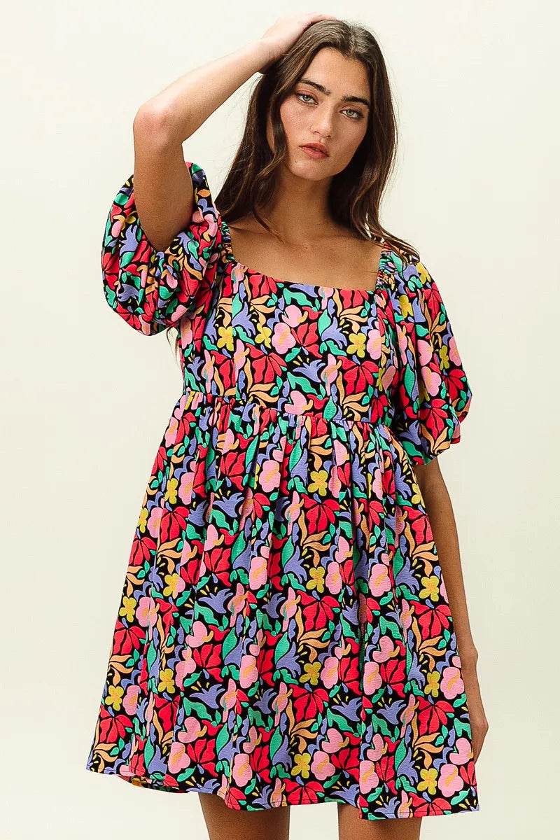 BiBi Floral Print Puff Square Neck Dress - Rosa Apparel