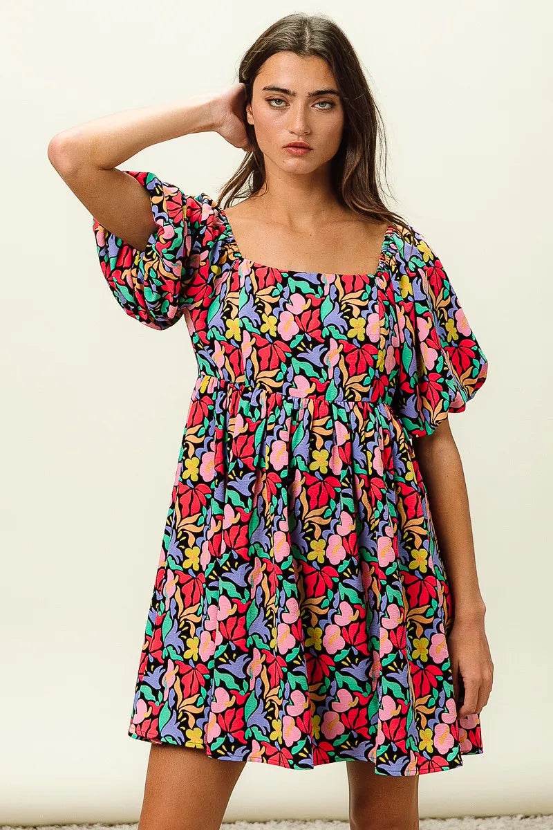 BiBi Floral Print Puff Square Neck Dress - Rosa Apparel