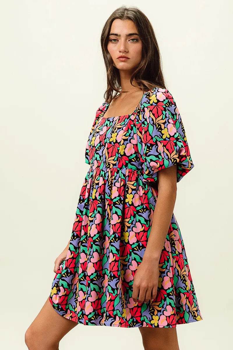 BiBi Floral Print Puff Square Neck Dress - Rosa Apparel