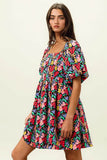 BiBi Floral Print Puff Square Neck Dress - Rosa Apparel