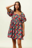 BiBi Floral Print Puff Square Neck Dress - Rosa Apparel
