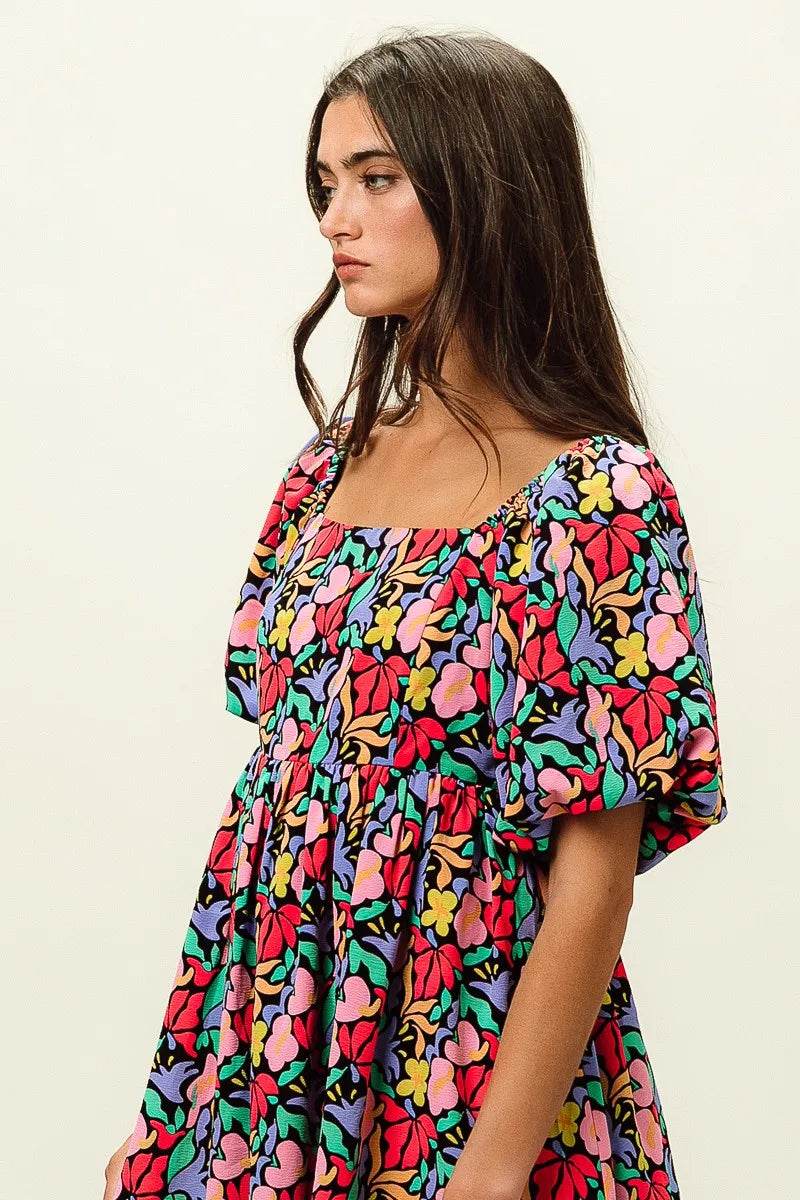 BiBi Floral Print Puff Square Neck Dress - Rosa Apparel