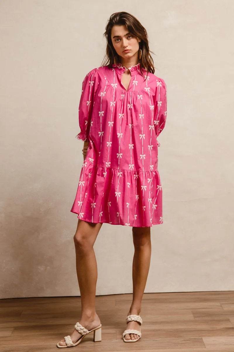 BiBi Ribbon Patterns With Scallops Edge Details Short Sleeve Dress - Rosa Apparel