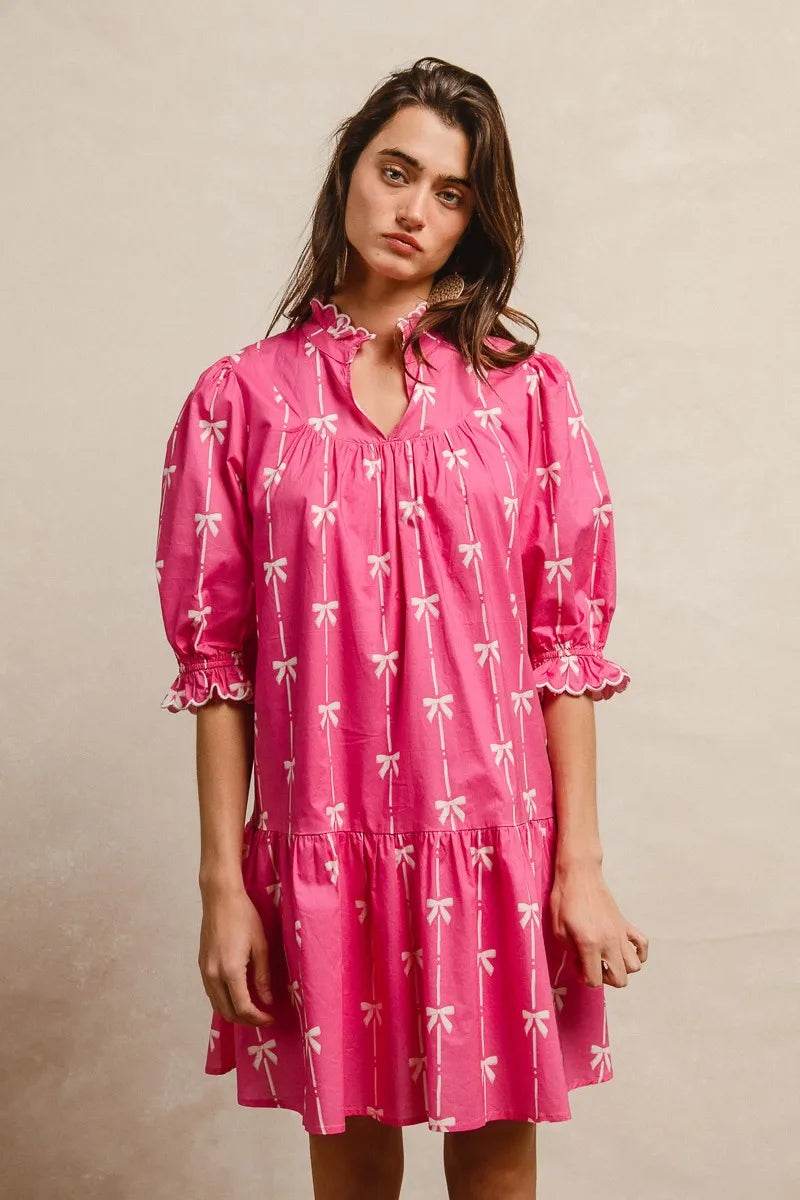 BiBi Ribbon Patterns With Scallops Edge Details Short Sleeve Dress - Rosa Apparel