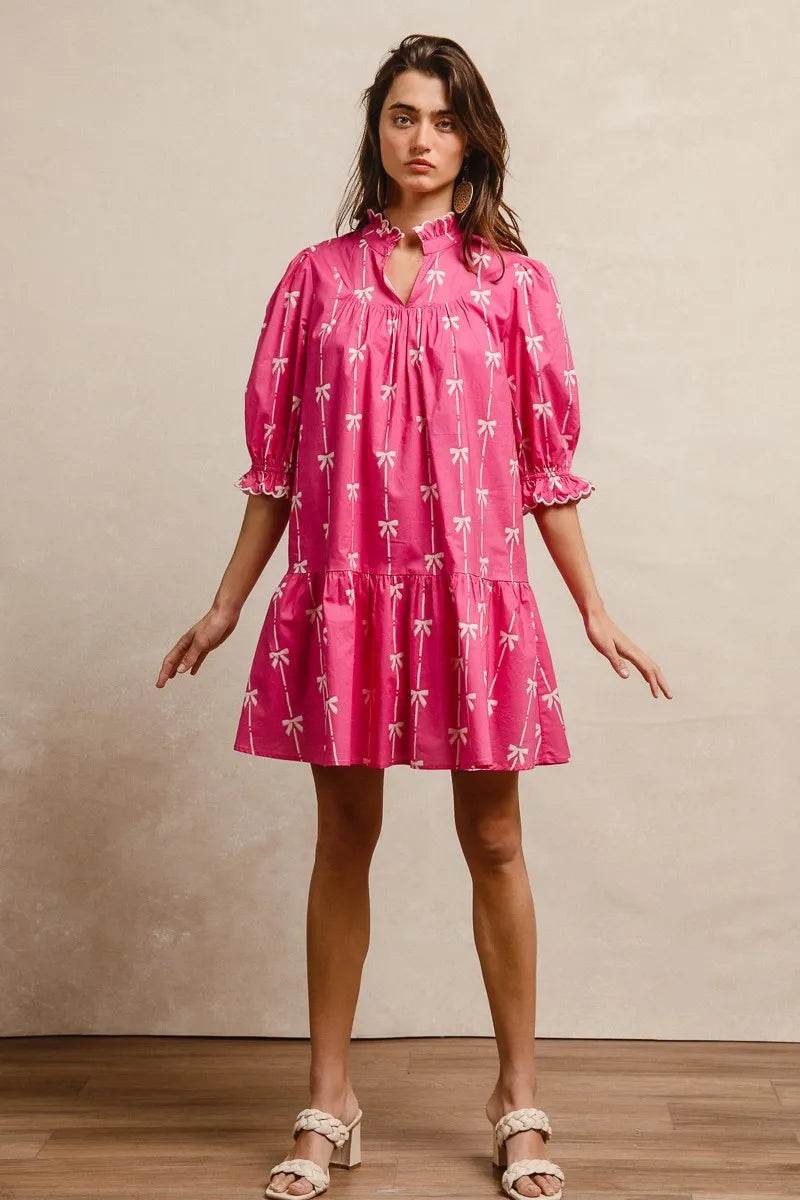 BiBi Ribbon Patterns With Scallops Edge Details Short Sleeve Dress - Rosa Apparel