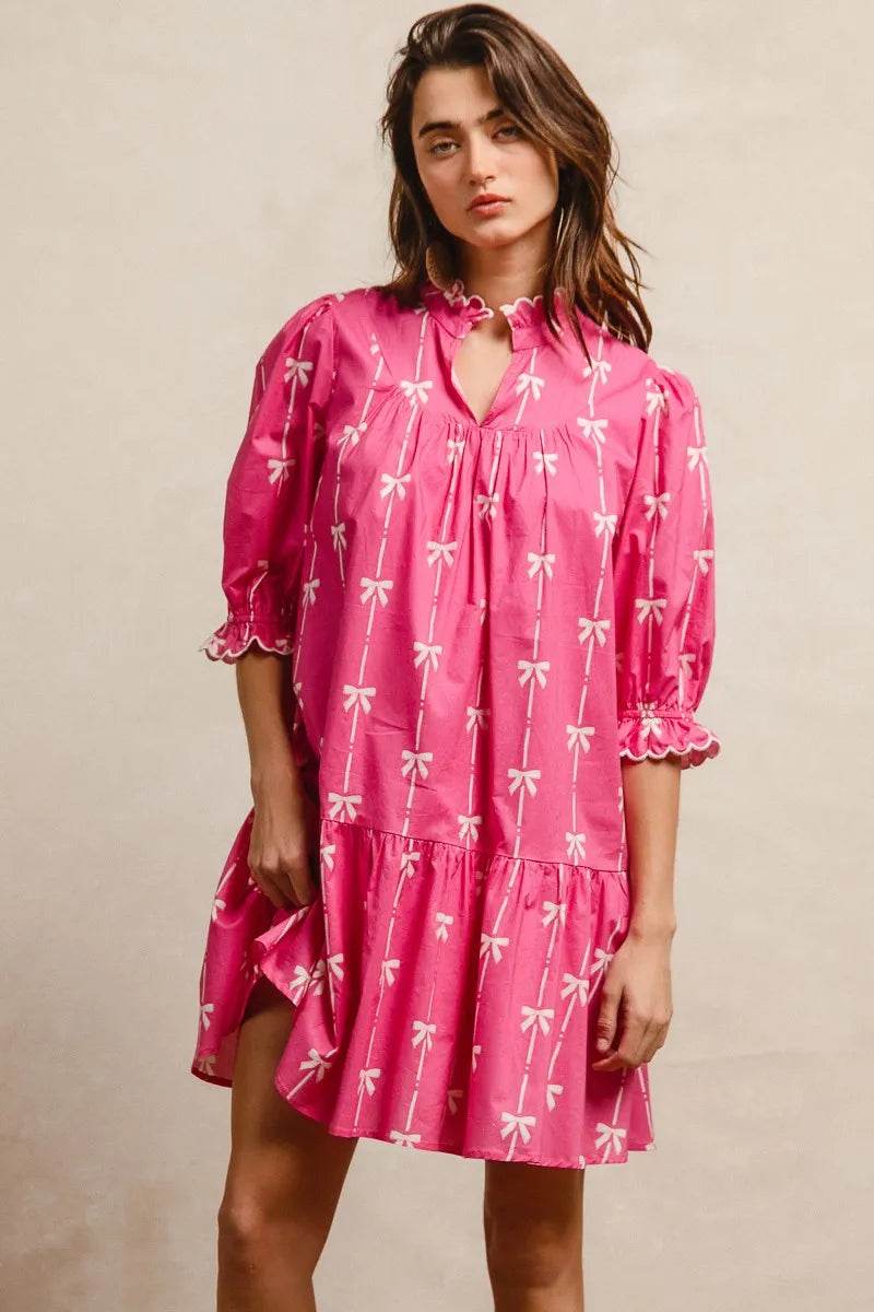 BiBi Ribbon Patterns With Scallops Edge Details Short Sleeve Dress - Rosa Apparel