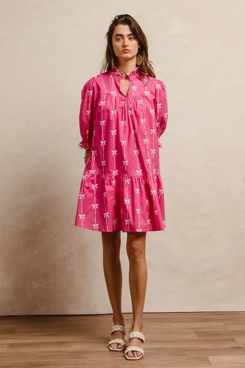BiBi Ribbon Patterns With Scallops Edge Details Short Sleeve Dress - Rosa Apparel