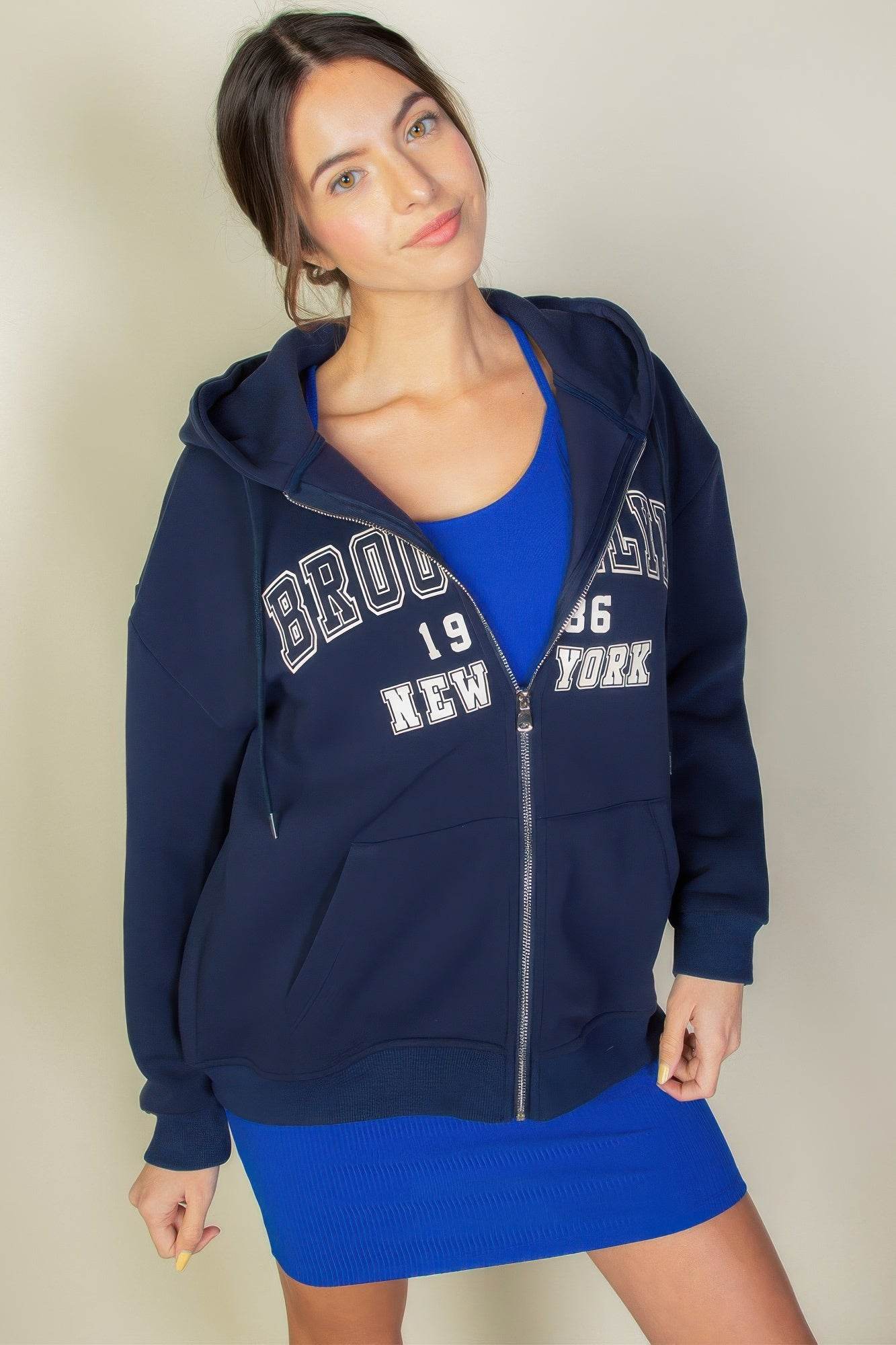 Brooklyn New York Graphic Drop Shoulder Zipper Up Hoodie - Rosa Apparel