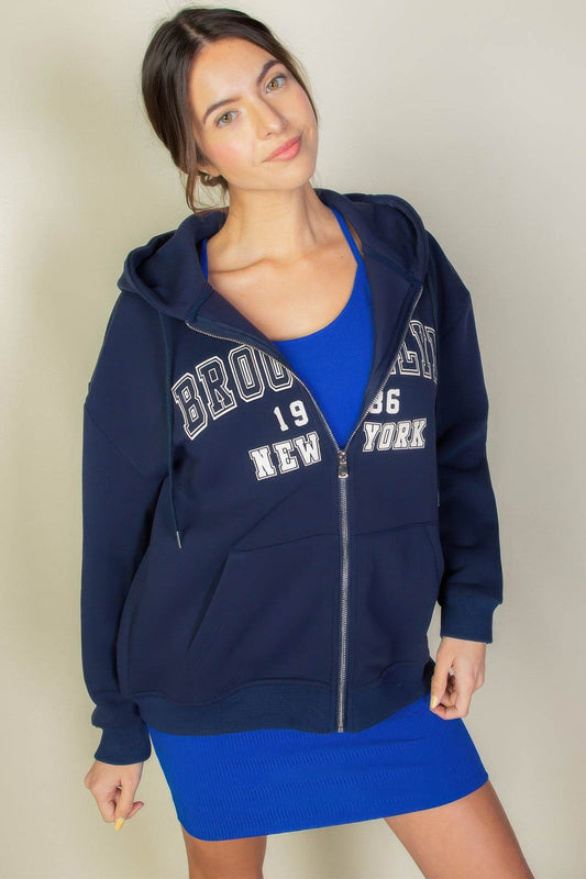 Brooklyn New York Graphic Drop Shoulder Zipper Up Hoodie - Rosa Apparel