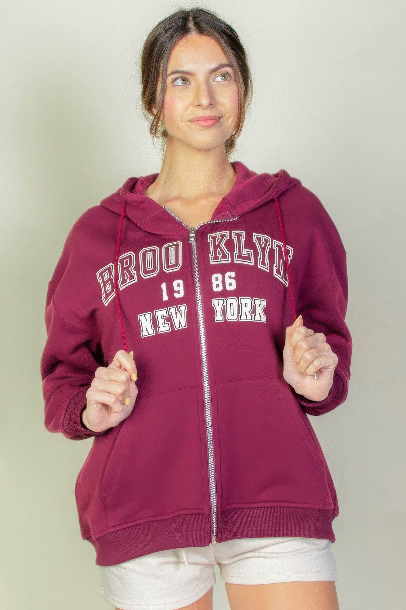 Brooklyn New York Graphic Drop Shoulder Zipper Up Hoodie - Rosa Apparel