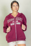 Brooklyn New York Graphic Drop Shoulder Zipper Up Hoodie - Rosa Apparel