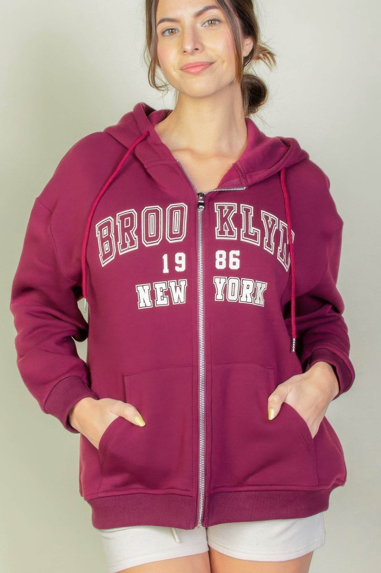 Brooklyn New York Graphic Drop Shoulder Zipper Up Hoodie - Rosa Apparel