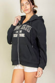 Brooklyn New York Graphic Drop Shoulder Zipper Up Hoodie - Rosa Apparel
