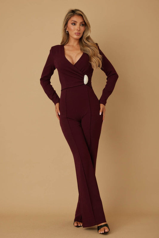 Burgundy Oval Crystal Stone Wrap Jumpsuit – Rosa Apparel - Rosa Apparel