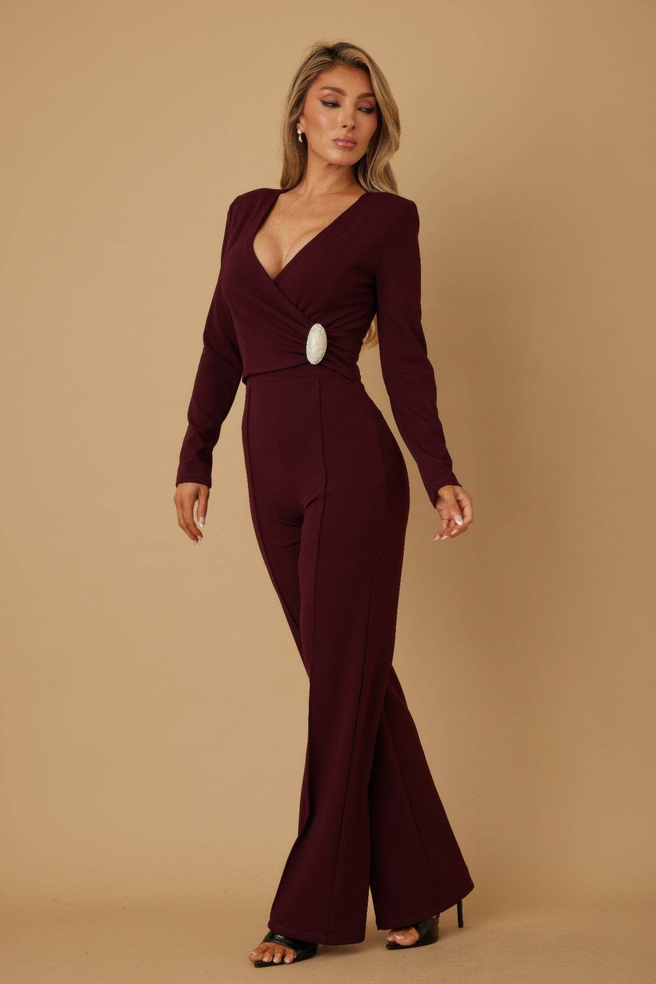 Burgundy Oval Crystal Stone Wrap Jumpsuit – Rosa Apparel - Rosa Apparel