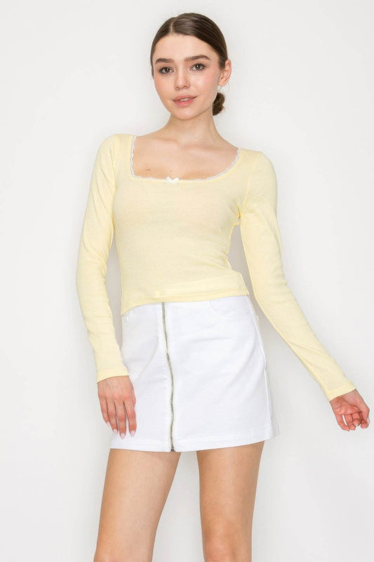 Butter Yellow Lace Trim Square Long Sleeve Top - Rosa Apparel