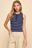 Button Detail Contrast Binding Stripe Tank Top - Rosa Apparel