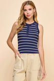 Button Detail Contrast Binding Stripe Tank Top - Rosa Apparel